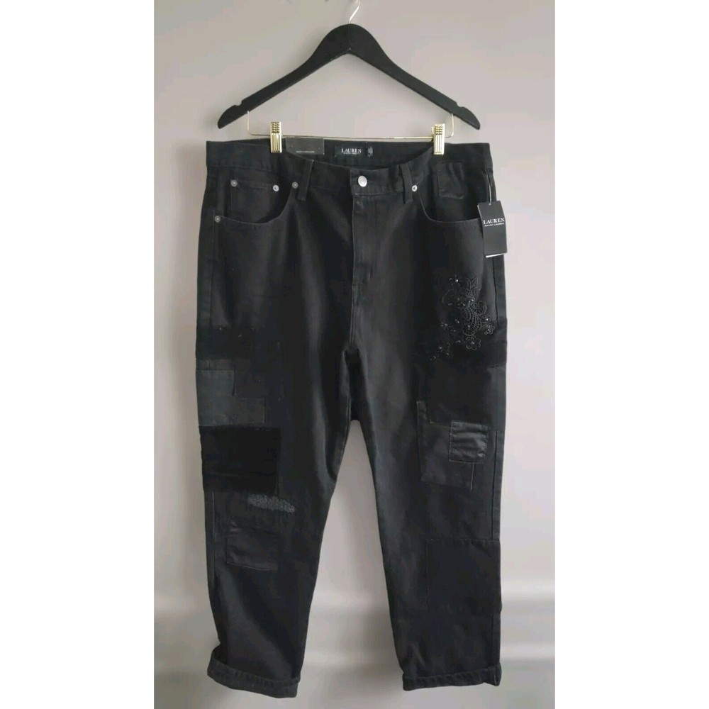 Lauren Ralph Lauren Jeans Women's 16 Black Patchwork Relaxed Tapered  33x28 NWT